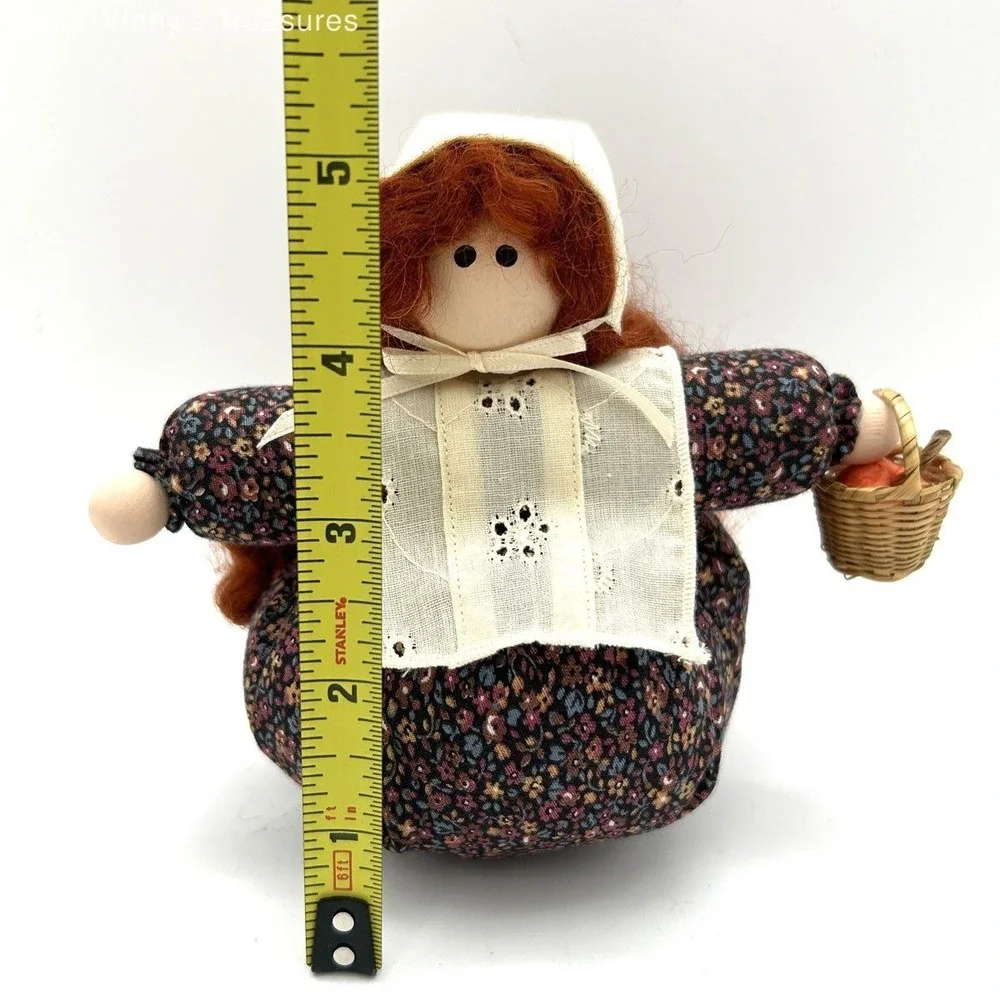 Folk Art Soft Body Doll Red Hair Floral Dress With Basket 5.5 Inch